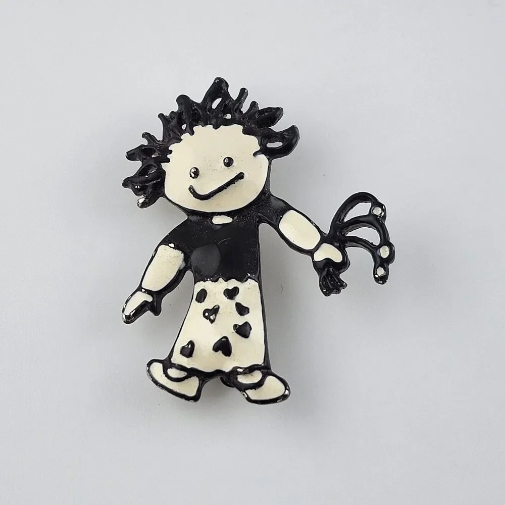 VTG SFJ Black & White Enamel Girl Pin Brooch - 1 3/4